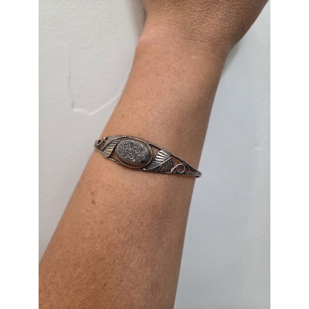 Sterling Silver Open Work Leaf Silver Druzy Gemstone Cuff Bracelet